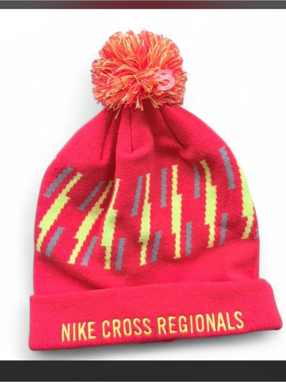 Nike Cross Regionals Beanie Hat Red Neon Pom Pom Winter Cap